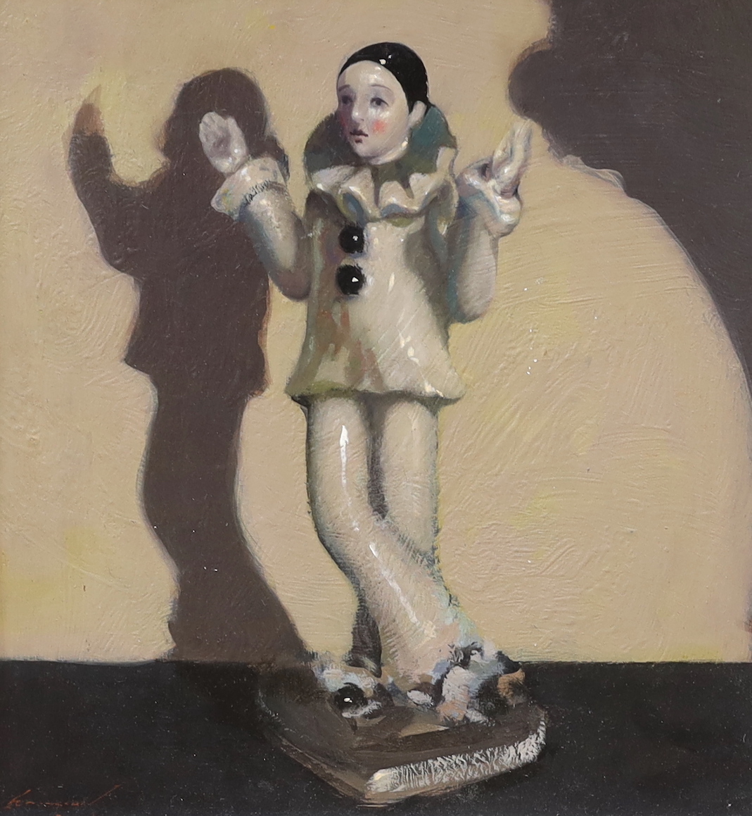 Ken Moroney (1949-2018), oil on board, Study of a Pierrot figurine, signed with Studio stamp verso, 31 x 29cm